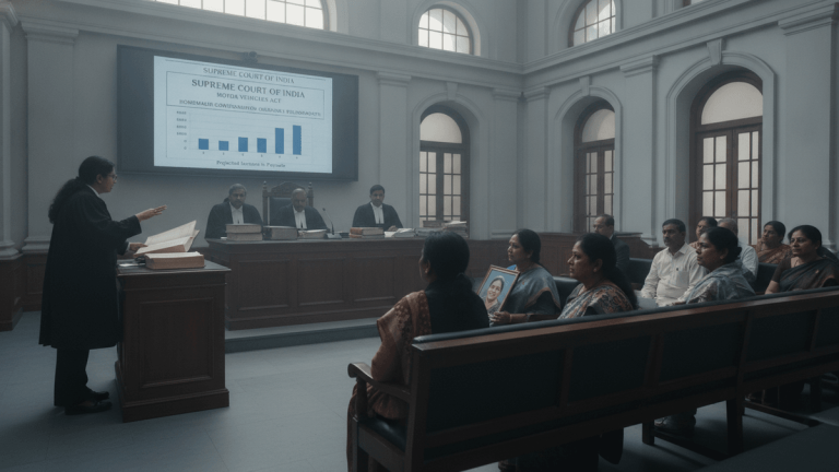 An Indian courtroom with lawyers, judges, and observers. A screen shows "Supreme Court of India" and a bar chart.