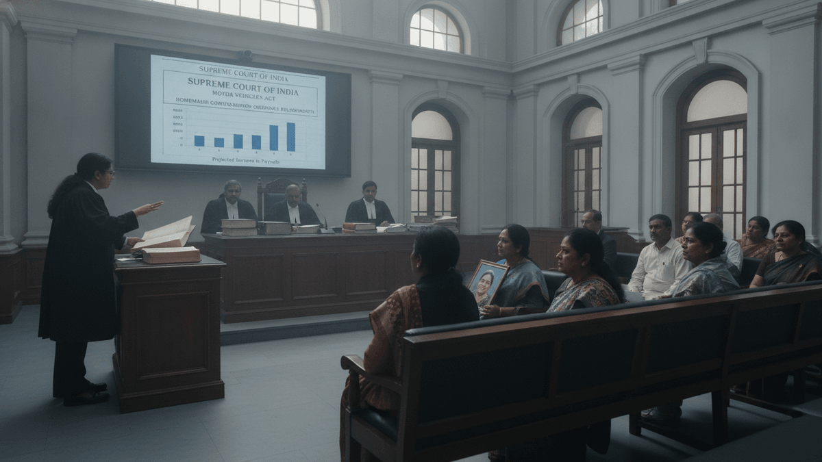 An Indian courtroom with lawyers, judges, and observers. A screen shows "Supreme Court of India" and a bar chart.