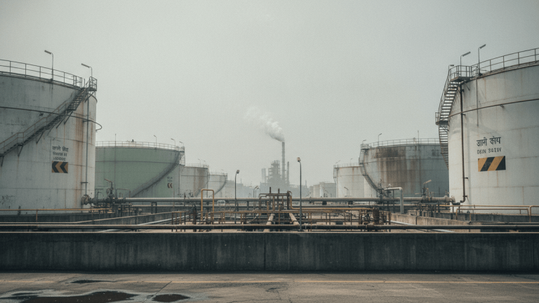 A wide shot of a large oil refinery with multiple white and light green storage tanks, interconnected by a network of pipes.