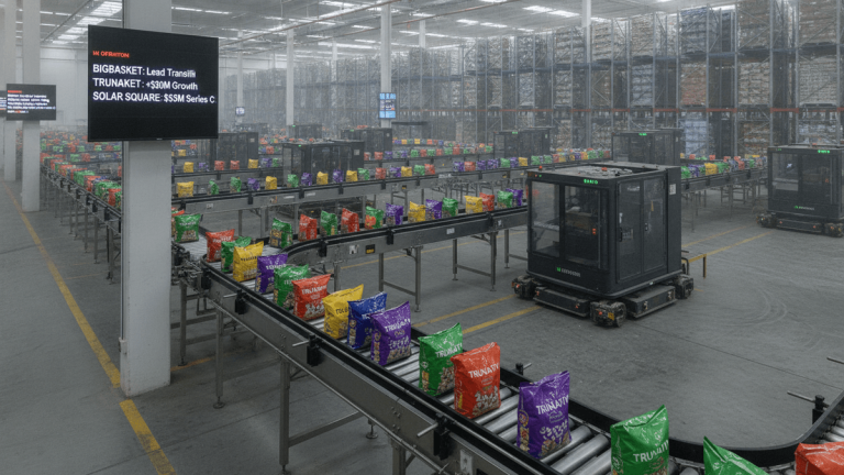 An ultra-realistic photograph shows a large automated warehouse with colorful bags of goods moving along conveyor belts. Robotic vehicles are visible on the floor.