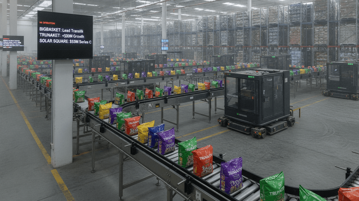 An ultra-realistic photograph shows a large automated warehouse with colorful bags of goods moving along conveyor belts. Robotic vehicles are visible on the floor.