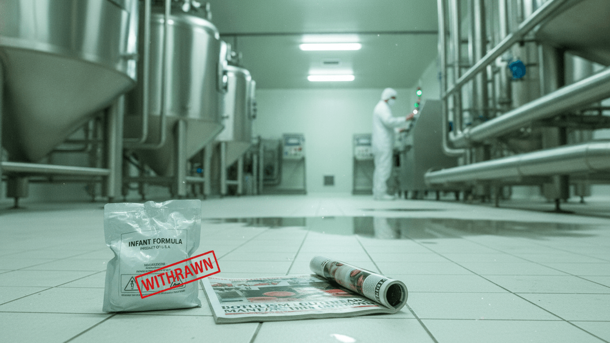 A "WITHDRAWN" stamped infant formula package and a rolled-up newspaper on a clean tiled floor. In the background, stainless steel machinery and a worker in a hazmat suit are visible.