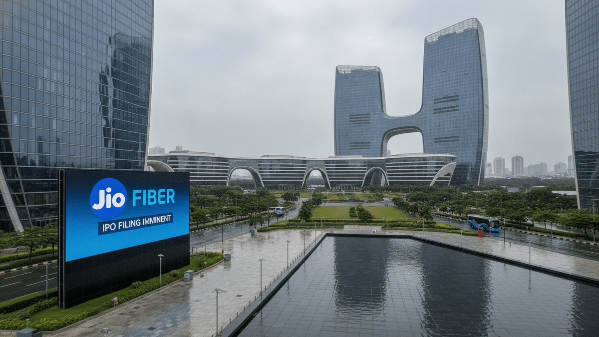 A large digital billboard displaying "Jio Fiber IPO FILING IMMINENT" stands before modern corporate buildings and a reflecting pool.