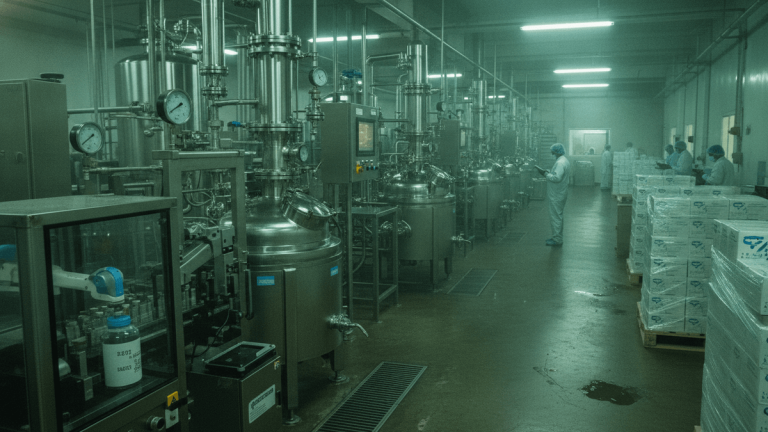 Wide shot of a cleanroom with stainless steel bioreactors, tubing, and workers in protective suits.