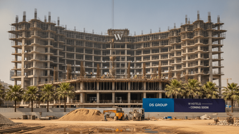 Wide shot of a large W Hotels structure under construction in Delhi, a banner with "DS Group" and "W Hotels - Coming Soon"