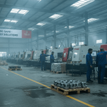 Wide shot of a large, brightly lit factory floor with rows of grey and red CNC machines. Several workers in blue uniforms are visible.