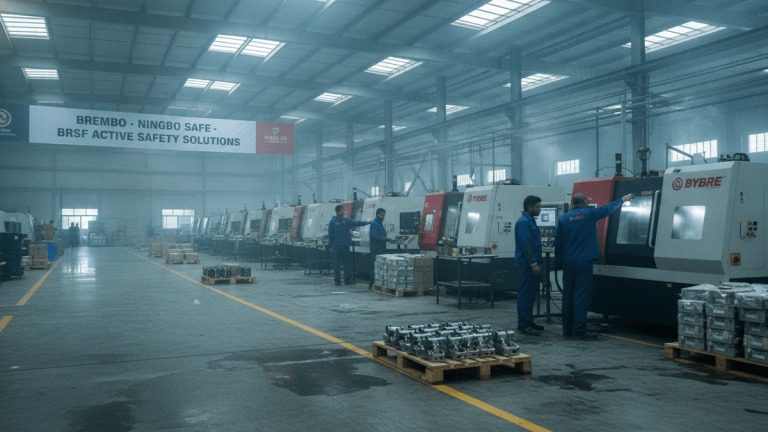 Wide shot of a large, brightly lit factory floor with rows of grey and red CNC machines. Several workers in blue uniforms are visible.
