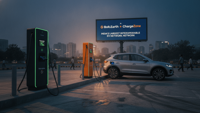 An electric car is charging at an orange ChargeZone station next to a green Bolt.Earth station at dusk in India.