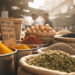 Wide-angle shot of an Indian market stall with turmeric, chili powder, cumin, cardamom, eggs, and tea. A vendor's hand gestures.