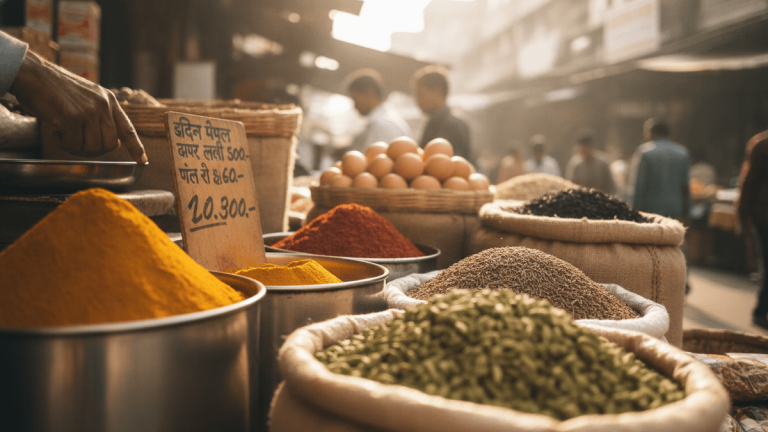 Wide-angle shot of an Indian market stall with turmeric, chili powder, cumin, cardamom, eggs, and tea. A vendor's hand gestures.