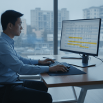 A man sits at a desk in an office, looking at a computer monitor displaying a spreadsheet. A city is visible outside a window.