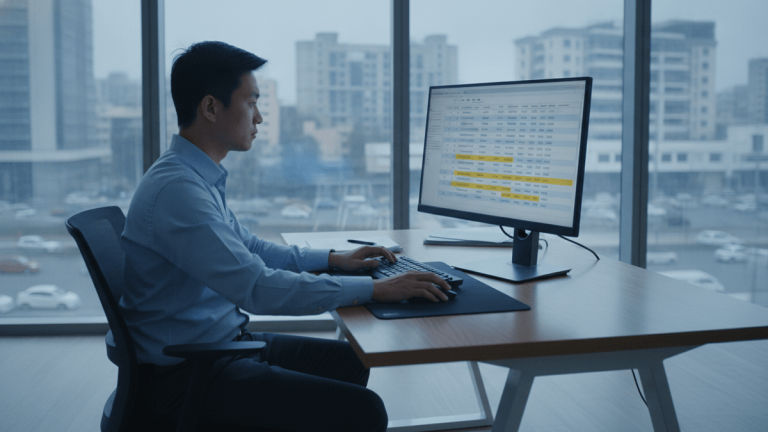 A man sits at a desk in an office, looking at a computer monitor displaying a spreadsheet. A city is visible outside a window.