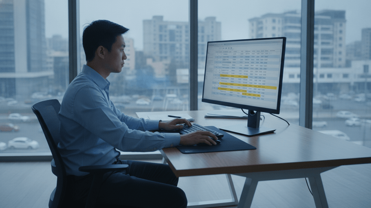 A man sits at a desk in an office, looking at a computer monitor displaying a spreadsheet. A city is visible outside a window.