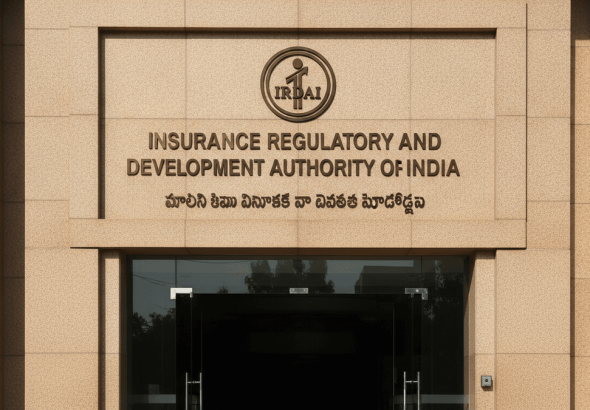 Close-up of the IRDAI headquarters entrance with official signage in English and a local Indian language.
