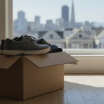 A pair of grey Allbirds wool runners rests on an open moving box with clothes and rolled paper inside.