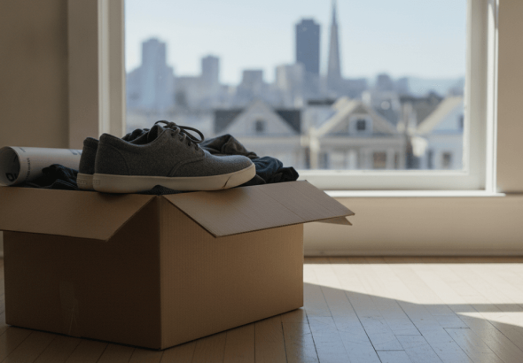 A pair of grey Allbirds wool runners rests on an open moving box with clothes and rolled paper inside.