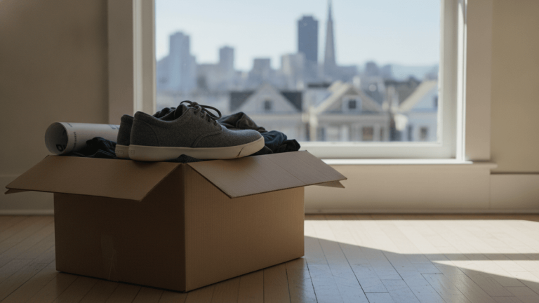 A pair of grey Allbirds wool runners rests on an open moving box with clothes and rolled paper inside.