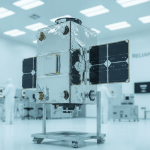 A small, refrigerator-sized LEO satellite with folded solar panels in a brightly lit cleanroom. Technicians are blurred in background.