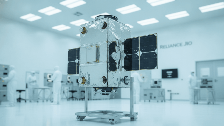A small, refrigerator-sized LEO satellite with folded solar panels in a brightly lit cleanroom. Technicians are blurred in background.