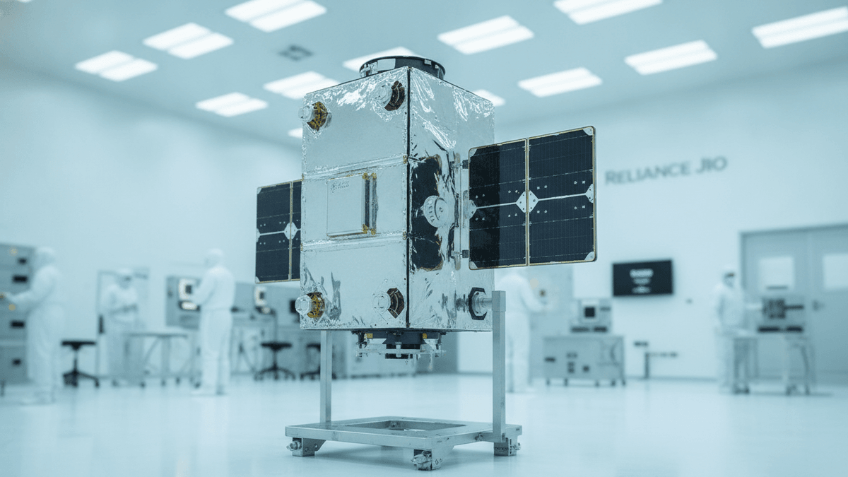 A small, refrigerator-sized LEO satellite with folded solar panels in a brightly lit cleanroom. Technicians are blurred in background.