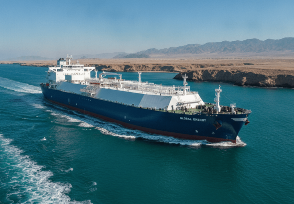 A blue and white LNG tanker moves through a strait with arid coastlines and mountains under a clear sky.
