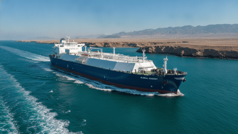 A blue and white LNG tanker moves through a strait with arid coastlines and mountains under a clear sky.