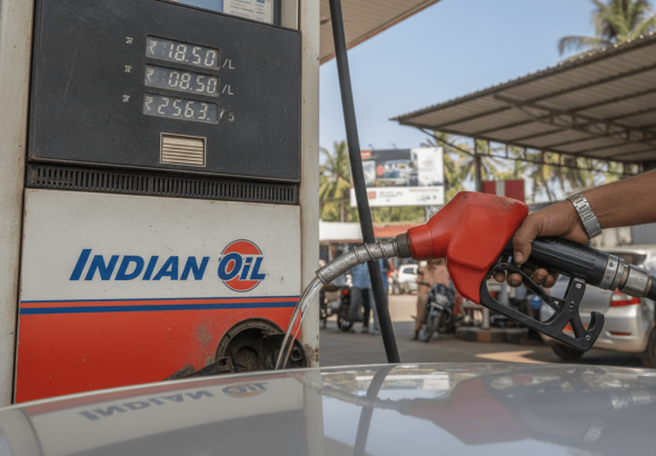 A person's hand holds a red fuel pump nozzle dispensing petrol into a vehicle, with the Indian Oil pump display showing prices.