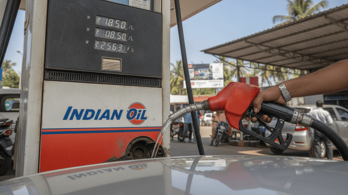 A person's hand holds a red fuel pump nozzle dispensing petrol into a vehicle, with the Indian Oil pump display showing prices.
