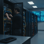 A network engineer adjusting cables in a server rack, with rows of servers and display screens in the background.