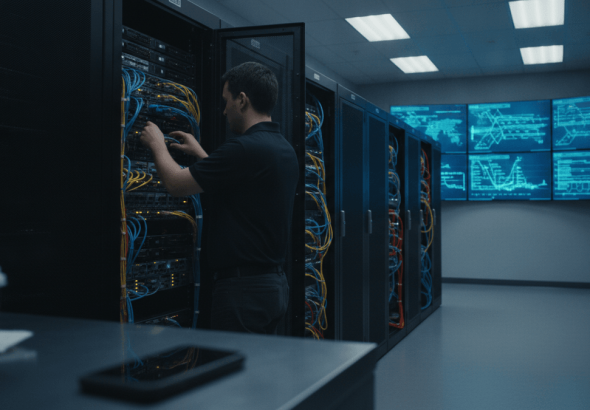 A network engineer adjusting cables in a server rack, with rows of servers and display screens in the background.