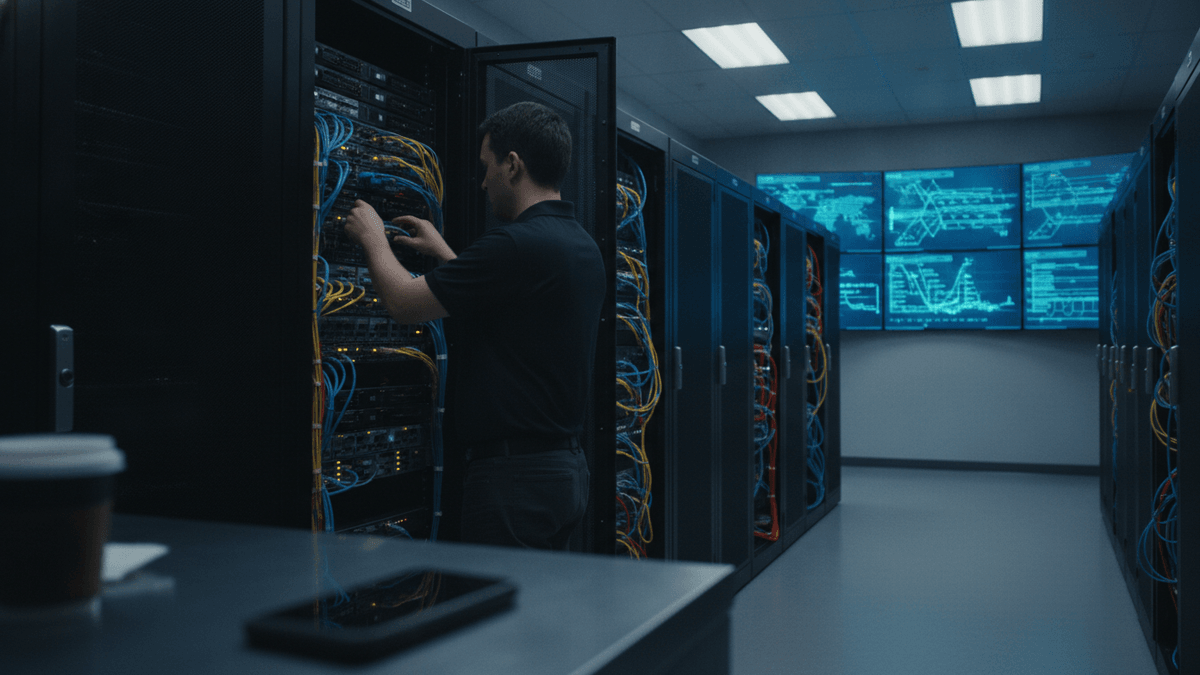 A network engineer adjusting cables in a server rack, with rows of servers and display screens in the background.
