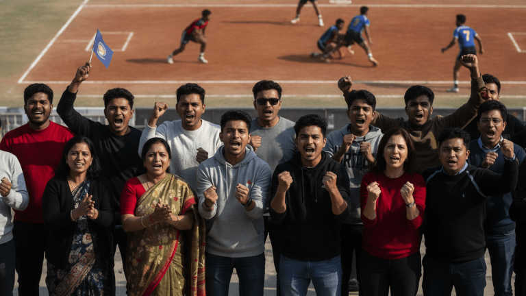 A diverse group of people in stadium stands cheering, with a Kabaddi match blurred in the background.