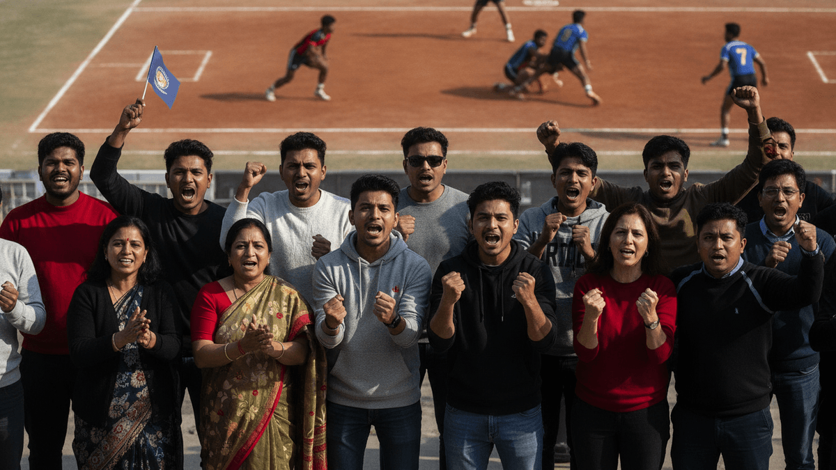 A diverse group of people in stadium stands cheering, with a Kabaddi match blurred in the background.