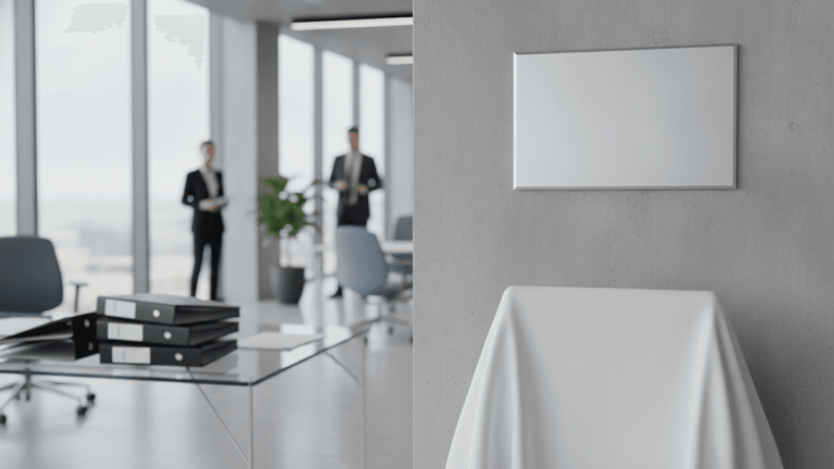 An empty silver plaque on a concrete wall, with a draped object below. Two blurred figures stand near a glass table in the background.
