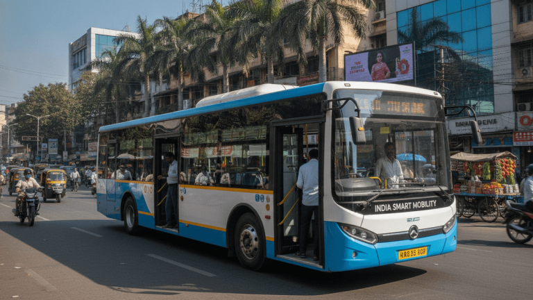 A modern electric bus, blue and white, with passengers boarding, on a busy street in an Indian city under daylight.
