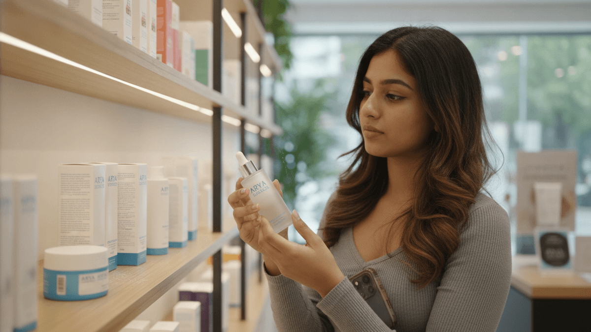 A young woman holds a bottle of beauty product, looking at it intently in a well-lit store.