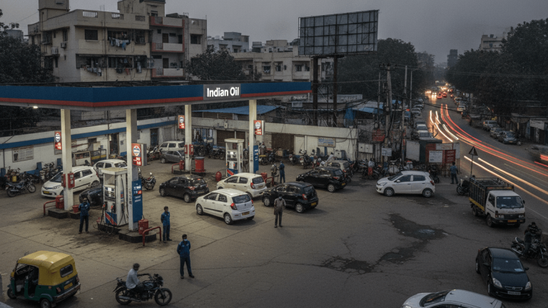 An elevated wide shot of a bustling Indian Oil fuel station at dusk, with multiple vehicles being fueled and surrounding city infrastructure.