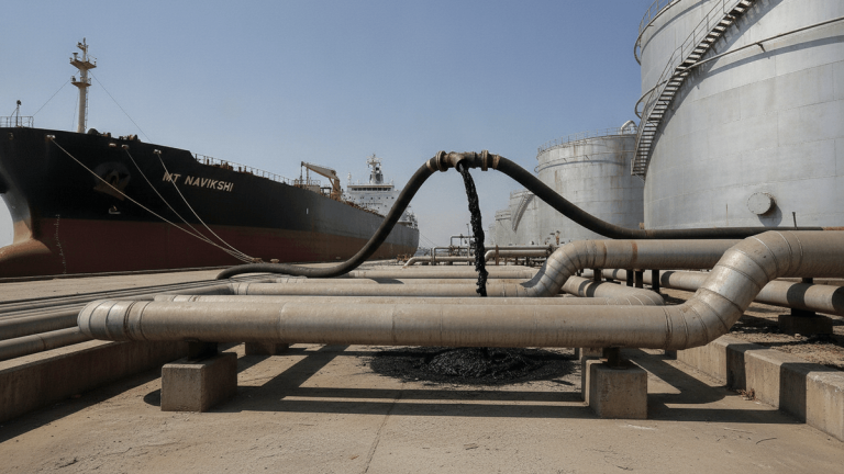 A large tanker ship docked at a pier with an extensive network of industrial pipelines and storage tanks.