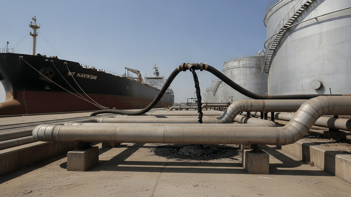 A large tanker ship docked at a pier with an extensive network of industrial pipelines and storage tanks.