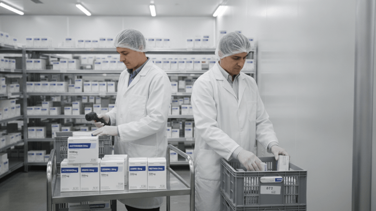 Two workers in lab coats and hairnets sort white generic drug boxes on metal shelves and carts in a brightly lit industrial facility.