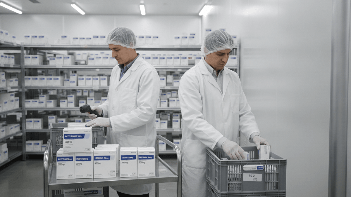 Two workers in lab coats and hairnets sort white generic drug boxes on metal shelves and carts in a brightly lit industrial facility.