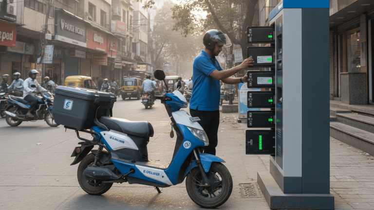 A man in a helmet and blue shirt swaps a battery at a swapping station next to a blue and white electric scooter.