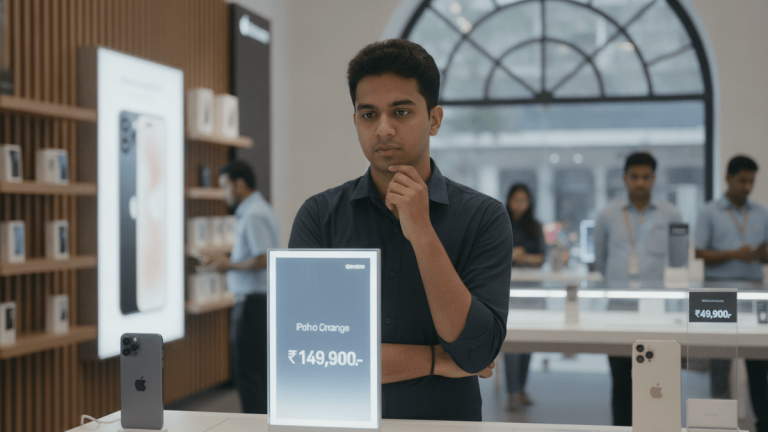A young man looks at a new iPhone display with a high price tag, glancing towards older models.