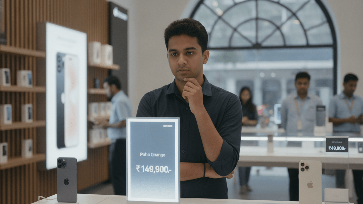 A young man looks at a new iPhone display with a high price tag, glancing towards older models.