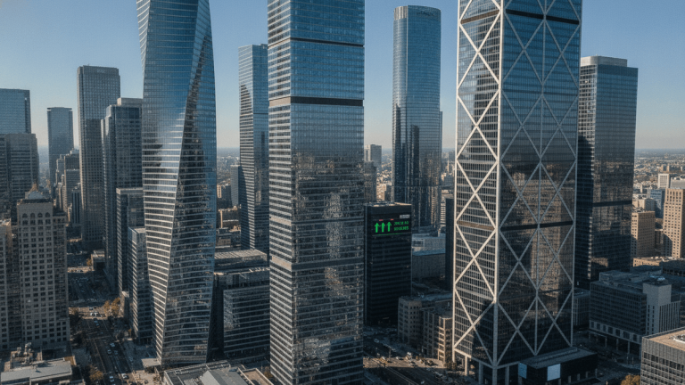 A wide, slightly high-angle shot of numerous modern corporate skyscrapers under clear daylight.