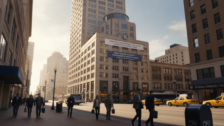 A modern bank building with Great Western Financial and Transamerica National Bank signage, on a busy U.S. city street.