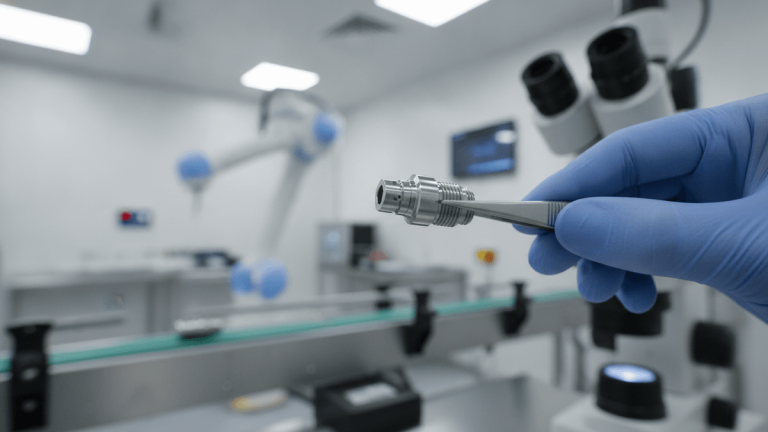 A gloved hand holds a dental implant component with tweezers in a cleanroom, with robotic arms in the background.