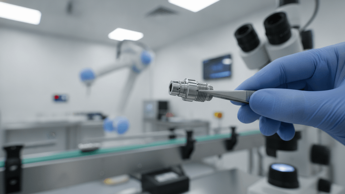 A gloved hand holds a dental implant component with tweezers in a cleanroom, with robotic arms in the background.