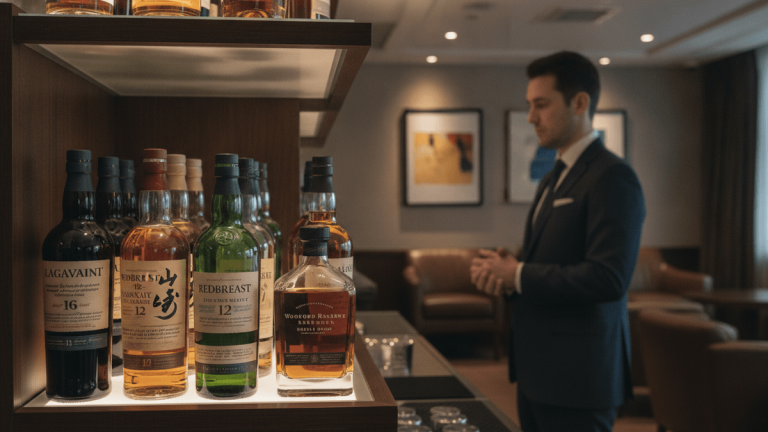 A man in a suit stands in a bar, looking at a display of Scotch, Irish, Japanese, and American whisky bottles.