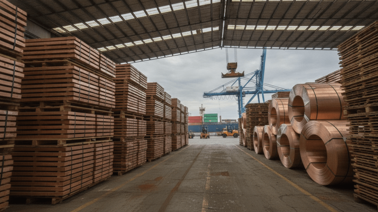 Wide shot of vast quantities of refined copper cathodes and coils stacked in an industrial storage warehouse near a port.
